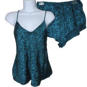 Vintage Val Mode Pajama Set L Cami Shorts Green Brocade Lingerie USA Made